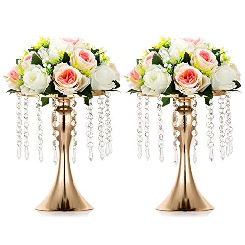 NUPTIO Tall Vase Table Centerpiece, 10.2", Gold, 2 Pcs | Crystal Metal Flower Holder Stand, for Wedding Reception, Tables, Road Lead, Party - color: Gold, size: 2 x S