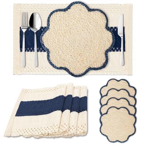 4pc Sunflower Rattan Placemat Set, Woven Boho Table Mats, Blue - color: Blue-set of 4
