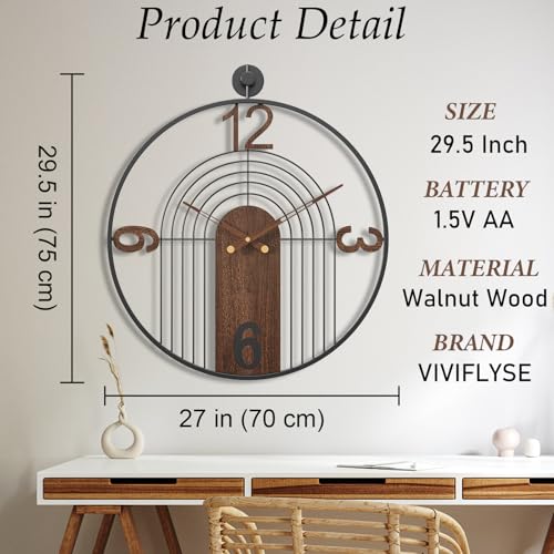 Modern Large Walnut Dial Wall Clock, Wood Metal Frame Silent Non Ticking Wall Clocks Decoration for Living Room, Bedroom, Kitchen, Study, Handmade Home Decor Present Idea, 29.5 Inch - size: 3.XX-L(29.5 in)