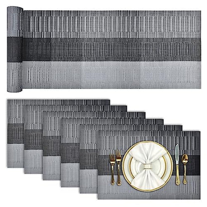 Aofmee Table Runner and Placemats Set of 6 Washable, Heat Resistant Place Mats with Table Runner, Woven Vinyl Table Placemats for Dining Table, Stain Resistant Kitchen Table Mats Sets, Easy to Clean - color: Black, size: Set of 7