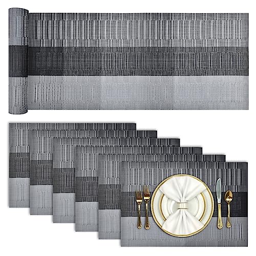 Aofmee Table Runner and Placemats Set of 6 Washable, Heat Resistant Place Mats with Table Runner, Woven Vinyl Table Placemats for Dining Table, Stain Resistant Kitchen Table Mats Sets, Easy to Clean - color: Black, size: Set of 7