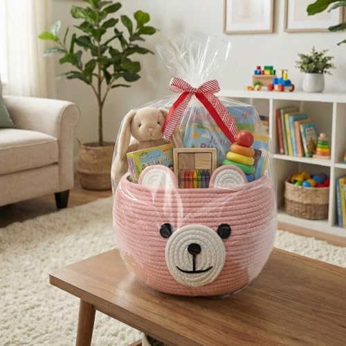CherryNow Baby Basket for Gifts Empty, Cute Bear Design, Pink - color: Pink, size: 10.5"D x 8.5"H