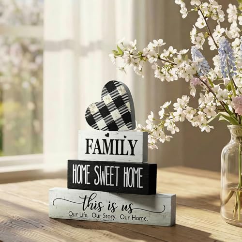 Smile 4 Pcs Family Wooden Tabletop Decor Home Sweet Home Tiered Tray Decoration, Rustic Retro Neutral Wood Heart-Shaped Block Sign, Suitable for Home Shelves Fireplace Mantels - style: Sweet Home