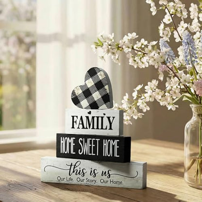 Smile 4 Pcs Family Wooden Tabletop Decor Home Sweet Home Tiered Tray Decoration, Rustic Retro Neutral Wood Heart-Shaped Block Sign, Suitable for Home Shelves Fireplace Mantels - style: Sweet Home