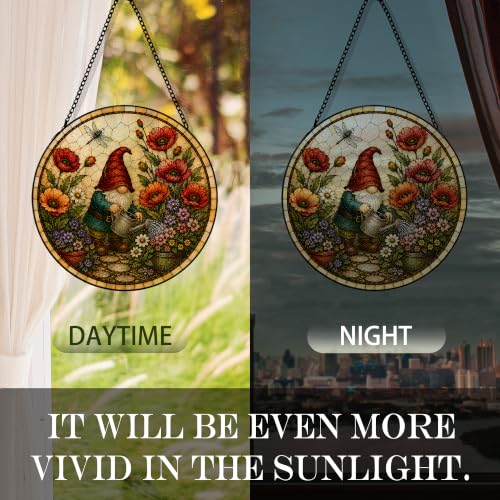 Gnome Flower Suncatcher Stained Glass Window Hanging, Gnome Gardener Plant Floral Sun Catchers Indoor Window Glass Round Wall Decor, Plant Lover Gifts Wall Art Hanging Decorations, 7.8x7.8in - color: Water Flowers