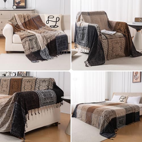 Boho Throw Blanket, Chenille Jacquard Tassels Throw Blankets for Bed Couch Soft Chair， Bohemian Fringe Tassels (Black, Large 86 * 102Inches) - color: Mocha Noir, size: 87" x 102"