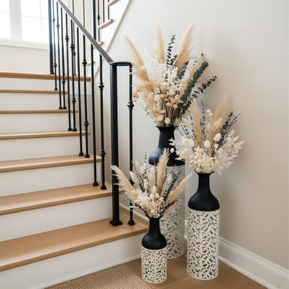 Large Tall Floor Vases: 27in Metal Floor Standing Vase, Black and White Vase with Hollowed for Living Room, Entryway, Office, Dining, Bedroom, Fireplace, Home Corner (Black and White (with Hollowed)
