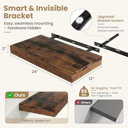 24 Inch Long Floating Shelves for Wall Set of 2, 12"D Wood Grain Shelves - color: Rustic Brown, size: 24"Wx12"Dx2"H, 2P