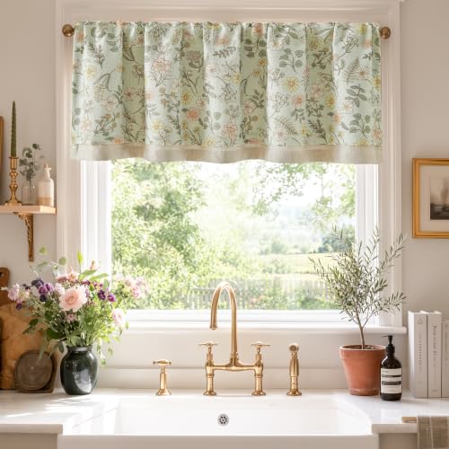 jinchan Maia Floral Linen Double Layer Valance 18 Inch 1 Panel Green - color: Maia Green on Linen, size: 50"W x 18"L (Pack of 1)