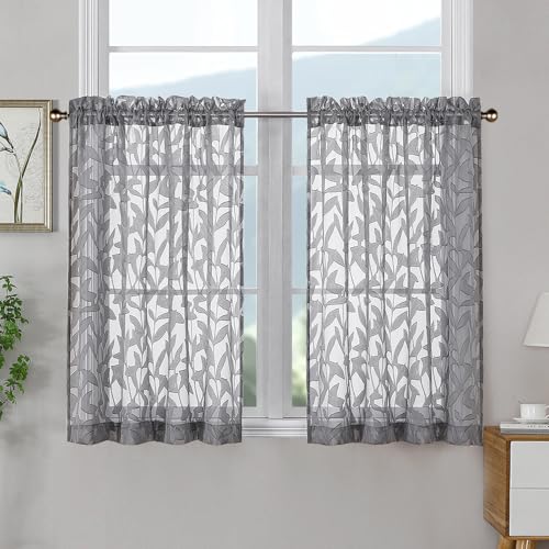 OWENIE Leyna 36 Inch Length Charcoal Gray Sheer Curtains Tiers 2 Pieces, Modern Leaf Jacquard Textured Short Kitchen Window Curtain for Living Room Bedroom, Modern Double Rod Pockets, 40Wx36L Inches - color: Charcoal Gray, size: 40"W x 36"L (Pack of 2)