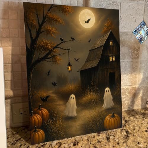 Halloween Wall Art Canvas Print Framed, Ghosts Pumpkins Barn Poster - color: T