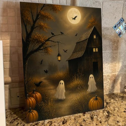 Halloween Wall Art Canvas Print Framed, Ghosts Pumpkins Barn Poster - color: T