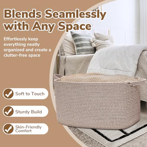 Goodpick Large Woven Rope Blanket Basket, Rectangle, Brown, 75L - color: Brown, size: Large(21.6"L x 14.9"W x 11.8"H)