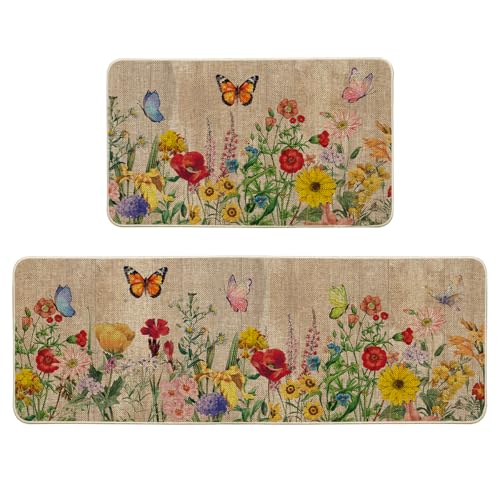 Artoid Mode Wood Flowers Butterfly Spring Kitchen Mats Set of 2, Seasonal Home Decor Leaves Low-Profile Kitchen Rugs for Floor - 17x29 and 17x47 Inch - color: Brown, size: 17" x 29" /17" x 47"