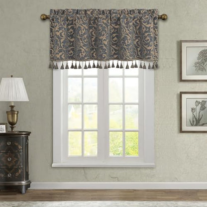 Loom and Mill Chenille Damask Valances for Windows, Blue-Grey+Khaki,54"x18" - color: Blue-grey+khaki