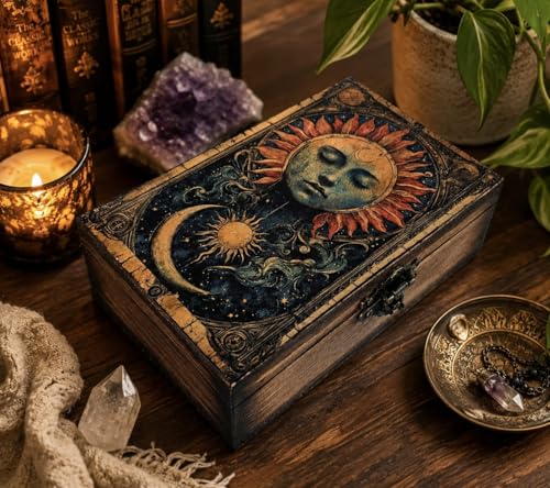 Celestial Sun & Moon Tarot Box | Astrology Sun and Moon Design Jewelry Trinket Keepsake Fengshui Lucky Talisman Storage Box | Gift Idea, Tarot Lover Ornaments for Home Decor (7TCS2)