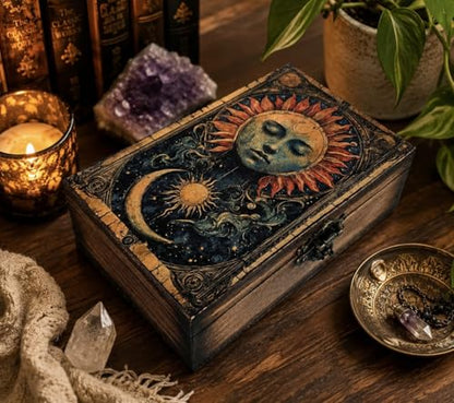 Celestial Sun & Moon Tarot Box | Astrology Sun and Moon Design Jewelry Trinket Keepsake Fengshui Lucky Talisman Storage Box | Gift Idea, Tarot Lover Ornaments for Home Decor (7TCS2)