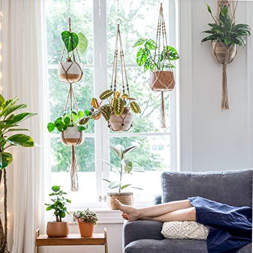 Mkono Macrame Plant Hangers Indoor Set of 4 Hanging Planter Basket Brown - color: Brown