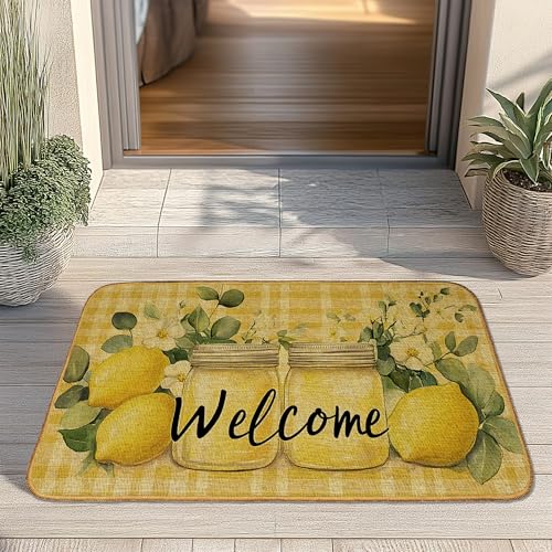 Lemon Door Mat, Non-Slip Welcome Front Doormat for Porch Entrance, Low Profile Rug for Indoor, Summer Home Decor - color: Welcome Lemon