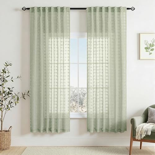DANCURTON Boho Pom Pom Sheer Curtains 2 Panels 63 Inch Length Back Tab Sage Green Sheer Window Curtain Shabby Chic Green Spring Farmhouse Style Elegant Drapes for Nursery Kids Room Bedroom Living Room - color: Sage Green, size: 52"W x 63"L (Pack of 2)