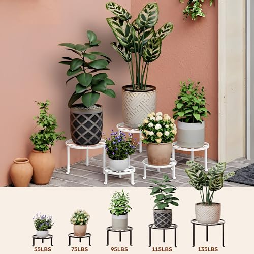 5-Pack Metal Plant Stand Outdoor, Heavy Duty Round Pot Holder Rack for Patio & Garden - color: S-White