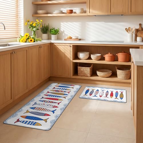 Kitchen Rugs for Floor 2 Pcs Memory Foam Padded Anti Fatigue Kitchen Mat - color: Fish-02