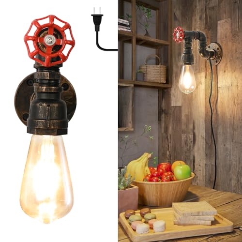 Water Pipe Wall Lights Vintage Steampunk Wall Light Fixture with Plug in Cord Wall Sconce for Barn Stair Small Wall Lamps E26 Industrial Farmhouse Cafe Garage Wall Mounted Lighting with Switch - color: Water Pipe Wall Light-B