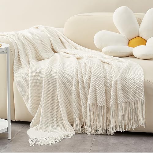 LOMAO Knitted Throw Blanket with Tassels Bubble Textured Lightweight Throws for Couch Cover Home Decor (Cream, 60x90) - color: Cream, size: 60x90"