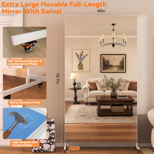 Hasipu 79" x 40" Home Gym Mirror 360° Swivel on Wheels - size: 78.7"L x 39.4"W