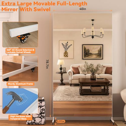 Hasipu 79" x 40" Home Gym Mirror 360° Swivel on Wheels - size: 78.7"L x 39.4"W