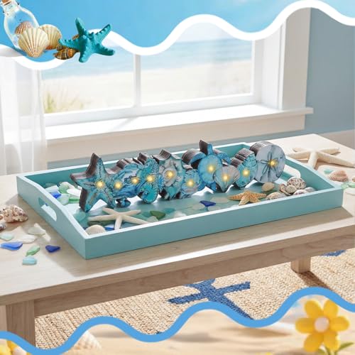 Yousoontic Summer Ocean Table Decorations with LED Lights, 3D Coastal Wooden Centerpieces for Tables, Nautical Starfish Turtles Beach Table Decor for Home Mantel Desk, Summer Party Decorations - style: Ocean