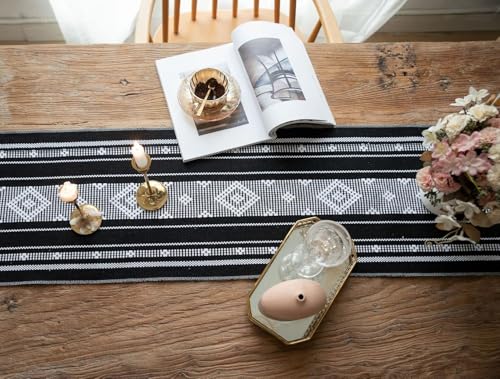 Cotton Linen Table Runner Bohemian Striped Table Runner with Tassels for Dining Party Holiday (Black, 13.5‘’x108‘’) - size: 13.5‘’x108‘’