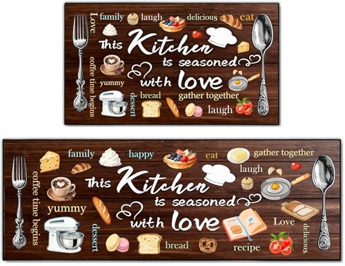 Kitchen Mats for Floor 2 Piece Set,Farmhouse Kitchen Rug Vintage Style Theme Decor,Absorbent Washable Non-Slip Floor Mats 17"x47"+17"x30" - color: Kitchen Brown