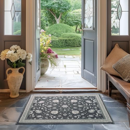 EverGrace Area Rugs for Entryway 2x3, Boho Floral Faux Wool Indoor Outdoor Small Rugs, Washable Rugs for Bedroom Bathroom Laundry Doormat, Low Pile Floor Mat Carpet for Home Decor, Ebony Black - color: Ebony Black Multi, size: 2'x3'