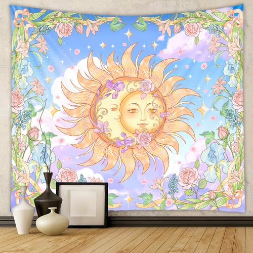 Jhdstore Sun Moon Wall Tapestry for Bedroom Aesthetic Refreshing Tapestry Wall Hanging Boho Chic Tapestries Room Decor Sun Moon Wall Decor Posters for Bedroom Wall Hanging 48”x36” - color: Blue Sun Moon, size: 48"L x 36"W