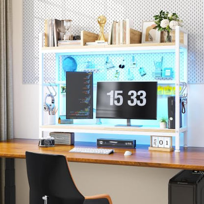 REIBII 2-Tier Desk Shelf with LED for Bedroom and Home Office, White - color: White, size: 7.8"D x 37.5"W x 38.7"H