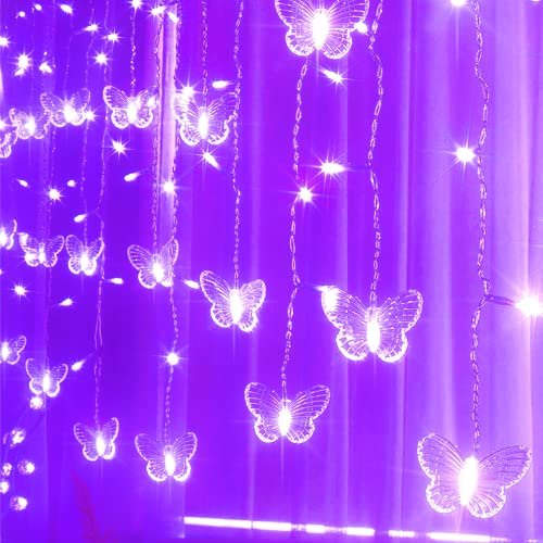 Butterfly Curtain Fairy Lights USB Plug in,8 Modes 120 LED 20FT Firefly Twinkle Timer String Lights with Remote, Waterproof Copper Wire for Bedroom Valentine's Day Wedding Party(Purple) - color: Purple