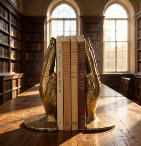Hand Bookends Decorative, Heavy Duty Cast Iron Book Holder, Prayer Hand Book Ends for Shelves Living Room Home Decor Office, Antique Gold, 1 Pair/2Pieces