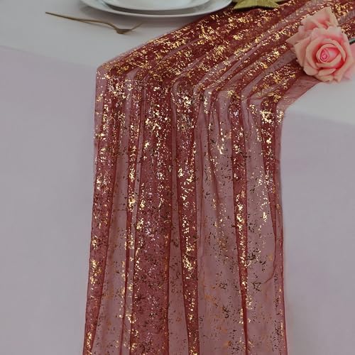 Snowkingdom Burgundy Gold Table Runner 10 Ft, Maroon Glitter Sheer Gauze Metallic Foil Sparkly Party Decorations Table Centerpiece for Wedding Bridal Shower Birthday Christmas Event Festive Fall - color: Burgundy Gold, size: 10FT/1Pc