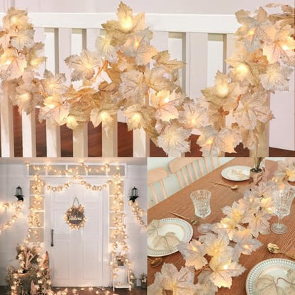 4 Pack Fall Decorations Fall Maple Leaves Garland with Lights Total 26FT