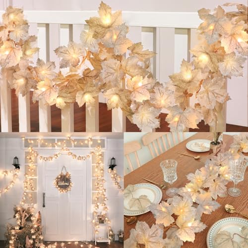 4 Pack Fall Decorations Fall Maple Leaves Garland with Lights Total 26FT