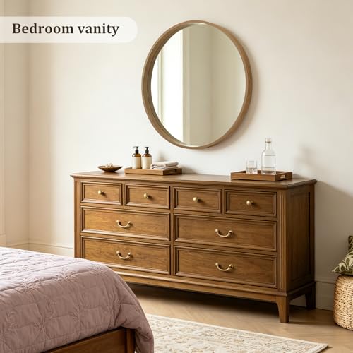 WallBeyond 36 Inch Natural Round Wood Mirror, Large Circle Wooden Frame Wall Mirror for Bathroom, Living Room, Bedroom, Entryway - color: Natural, size: 36"L x 36"W