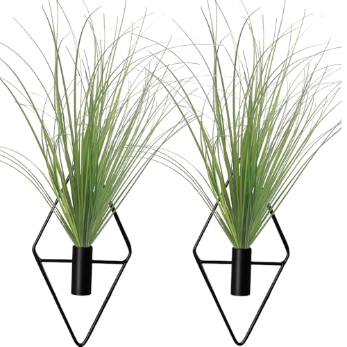 Hanging Planters with Artificial Plants, 2pcs Diamond Shape Metal Hanging Vase with Artificial Shrubs Wheat Grass Greenery Indoor Plants Holder Wall Decor for Home Living Room Bedroom Office (Black) - color: Black