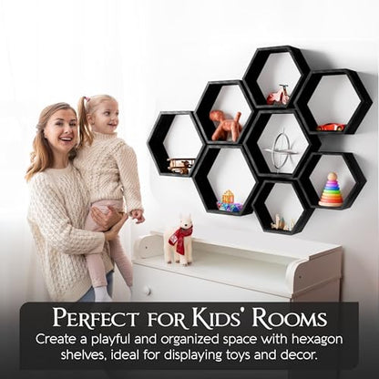 Hexagon Floating Shelves Set of 8 Honeycomb Shelves for Wall, Wooden Hexagon Shelves for Farmhouse Storage - color: Carbonized Black
