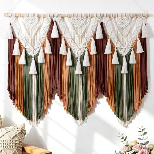 Large Macrame Wall Hanging Bohe Woven Tapestry Brown Home Decor Wall Art | KHOYIME Bohemian Farmhouse Handmade Tassel Chic Modern Decoration for Bedroom Living Room Nursery Wedding Backdrop 42"W X33"L - color: Brown
