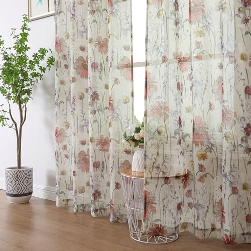OWENIE Crushed Semi Sheer Curtains 72 Inches Length 2 Panels, Floral Pattern Design Rod Pocket Light Filtering Farmhouse Curtains for Bedroom Living Room, 2 Pieces Total 84 Inch Wide, 72 inch Long - size: 42"W x 72"L (Pack of 2)