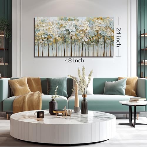 Green and White Flower Poster Wall Decor for Bedroom Tree Canvas Wall Art for Dining Room Modern Prints Wall Art for Apartment Size 24 x 48 Inch - size: 48L" x 24W"