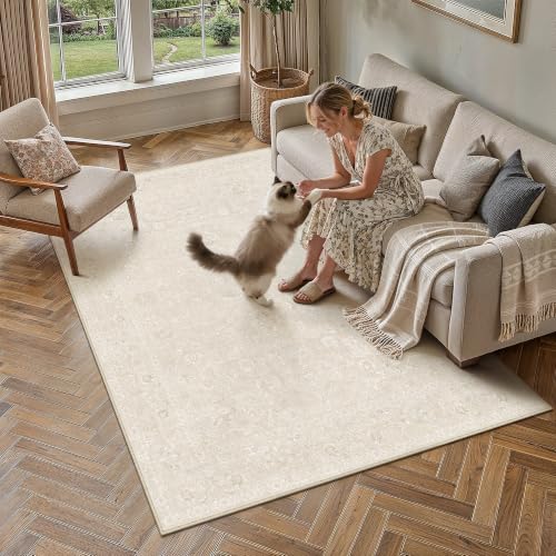PureCozy 5x7 Beige Area Rug Washable Non Slip Vintage Living Room Carpet - color: Beige, size: 5' x 7' (Rectangular)