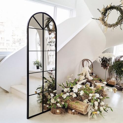 65×22" Arched Window Finished Full Length Mirror, Wall Mirror with Metal Frame, Home Decor Windowpane Mirror, Wall Mounted or Leaning, No Stand - Black - color: Window Mirror-black, size: 65"L x 22"W