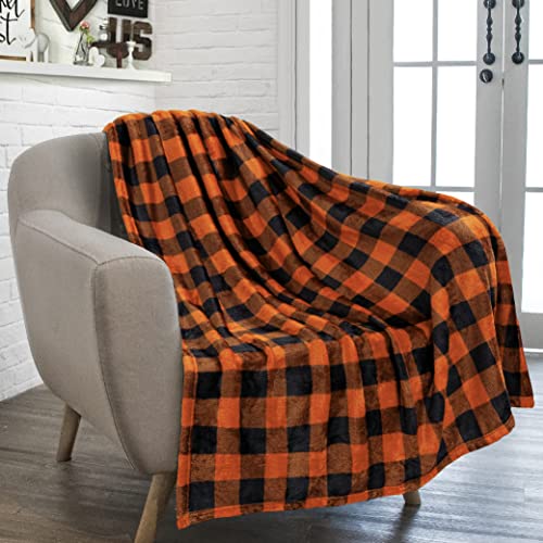 PAVILIA Black and Orange Buffalo Plaid Fleece Throw Blanket for Couch, Soft Halloween Flannel Blanket for Sofa, Orange Checkered Plaid Fall Couch Throw, Warm Cozy Fall Bed Blanket Decor Gift, 50x60 - color: Plaid Orange Black, size: 60 x 80 Inches - Twin